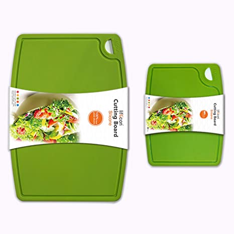 Liflicon Thick Cutting Boards for Kitchen Silicone Chopping Board Set of 2Large 14.6''x10.43'',Mini 9.1”x7.1” Non-slip Deep Drip Juice Groove Easy Grip Handle,Dishwasher Safe-Green