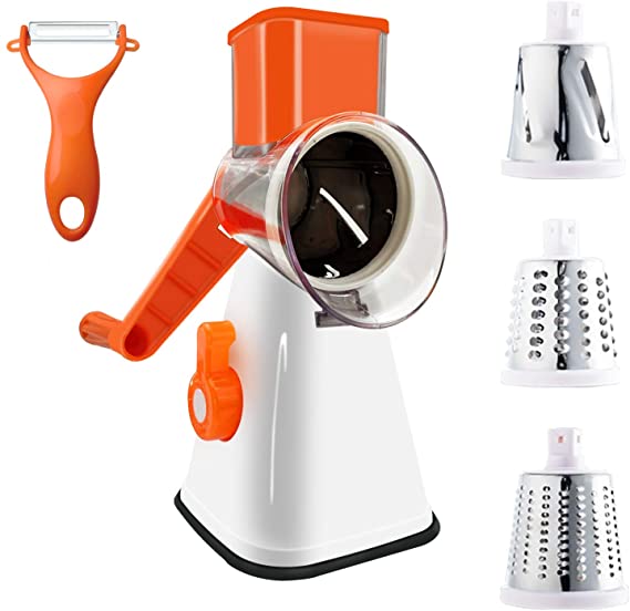 Rotary Cheese Grater Spiralizer for Vegetables-Y Peeler,Mandoline Slicer with 3 Interchangeable Stainless Steel Drums Strong Suction Base