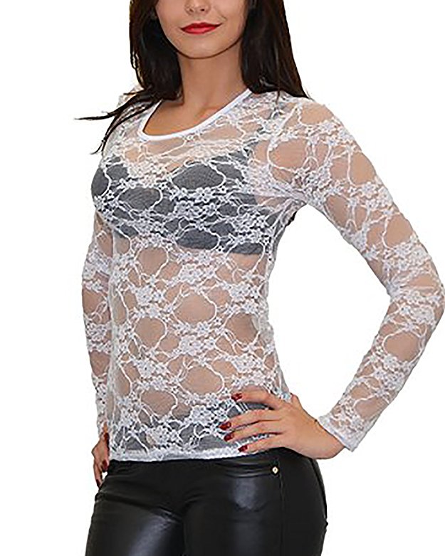 ZANZEA Women's Lace Mesh Crew Neck Transparent Long Sleeve Tops Shirt Blouse