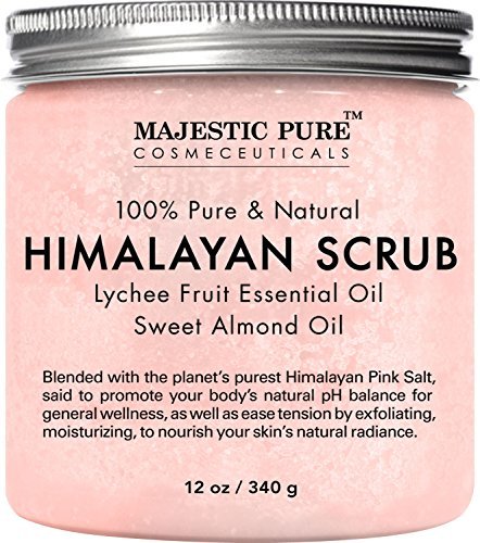 Himalayan Salt Body Scrub with Lychee Essential Oil from Majestic Pure, All Natural Scrub to Exfoliate & Moisturize Skin, 12 oz