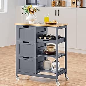 Yaheetech Kitchen Island Cart on Wheels with Storage, Rolling Bar Cart with Solid Wood Top and 3 Drawers, 3 Removable Shelves, Serving Utility Carts for Dining Room/Small Kitchen, Dark Gray