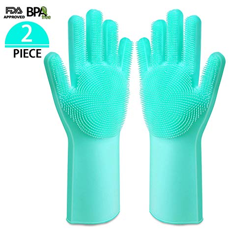 Moopok Magic Silicone Gloves with Wash Scrubber, Dish Washing Gloves, Reusable Brush Silicone Scrubber Heat Resistant Gloves for Cleaning, Household, Pet Hair Care (Blue, 1 Pair)