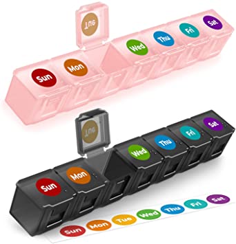 Weekly Pill Organizer 7 Day (2 Pcs), LALAGO Pill Box Case with DIY Colorful Day Stickers, Medication Organizer for Tablets, Vitamin, Fish Oil, Supplements (Black Pink)