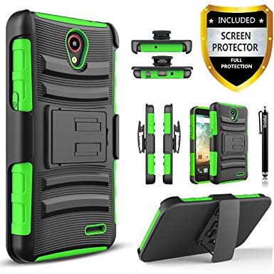 ZTE Sonata Case, Combo Shell Cover Kickstand with Built-in Holster Locking Belt Clip Circle(TM)Touch Screen Pen And Screen Protector-Black (Green)