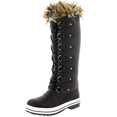 Womens Lace Up Rubber Sole Knee High Winter Snow Rain Shoe Boots