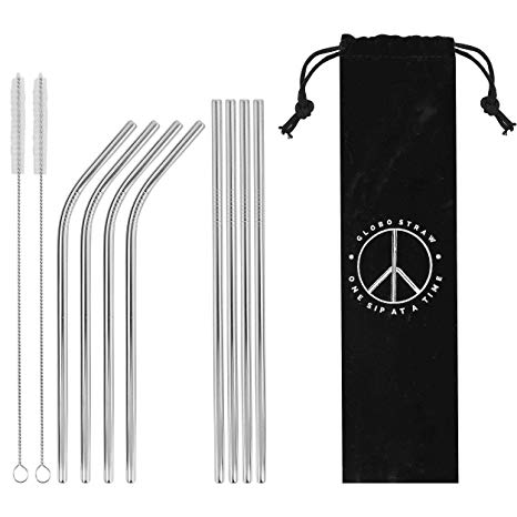 Stainless Steel Straws Set of 8 Silver Metal Reusable Drinking Straws Fit Tumbler Cups 20oz Yeti RTIC Ozark (4 straight|4 bent|2 brushes) Dishwasher Safe Eco-Friendly 8.5inch Long ¼ inch Diameter