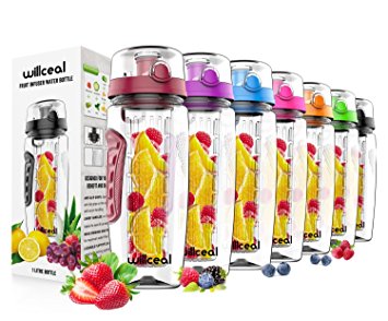 Fruit Infuser Water Bottle 32oz Willceal- Durable, Large - BPA Free Tritan, Flip Lid, Leak Proof Design - Sports, Camping