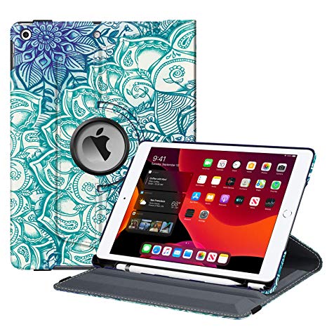 Fintie Rotating Case for New iPad 7th Generation 10.2 Inch 2019 - [Built-in Pencil Holder] 360 Degree Rotating Smart Protective Stand Cover with Auto Sleep/Wake for iPad 10.2", Emerald Illusions