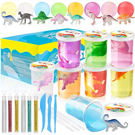 Growsland Slime Kit for Girls Boys, DIY Crystal Fluffy Slime Supplies Toys 21.5 OZ 8 Colors Stretchy Non Sticky Clear Slime Putty Gifts, Includes Slime Containers, Glitters and Tools
