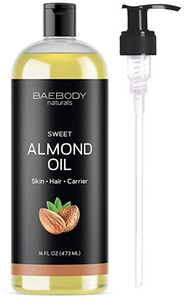 Sweet Almond Oil from Baebody Naturals- Moisturizing and Softening Carrier Oil for Hair and Nails. Premium Carrier Oil for a Softer Glow. Value Size - Large 16 OZ With Pump