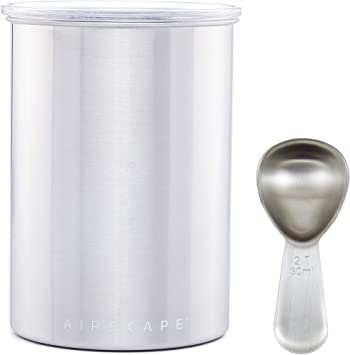 Airscape Stainless Steel Coffee Canister & Scoop Bundle - Food Storage Container - Patented Airtight Lid Pushes Out Excess Air - Preserve Food Freshness (Medium, Brushed Steel & Scoop)