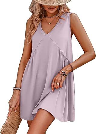 ThusFar Women's Casual Summer Sleeveless V Neck Short Swing Mini Tank Babydoll Dress Loose Beach Sundress with Pockets