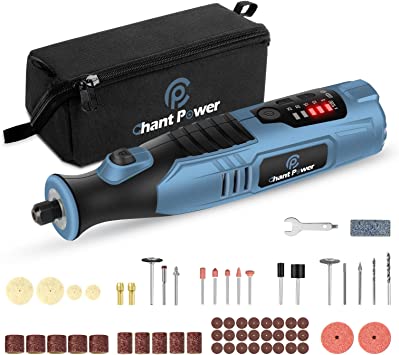 Cordless Rotary Tool, C P CHANTPOWER 8V Rotary Tool with 2.0 Ah Li-ion Battery, 5-Speed, 4 Front LED Lights and 60pcs Accessories Kit for Carving, Engraving, Sanding, Polishing and Cutting