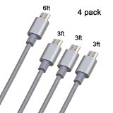Cablex TM 4 Pack Micro USB 20 Nylon Braided Cable in Assorted Lengths 3x 3ft 1x 6ft High Speed USB 20 A Male to Micro B Sync and Charge Cord for Samsung HTC Motorola Nexus and More Gray