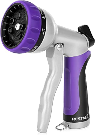 RESTMO Garden Hose Nozzle, Heavy Duty Metal Water Hose Nozzle with 7 Adjustable Spray Patterns, High Pressure Hand Sprayer with Flow Control, Best for Watering Plant & Lawn, Washing Car & Pet, Purple