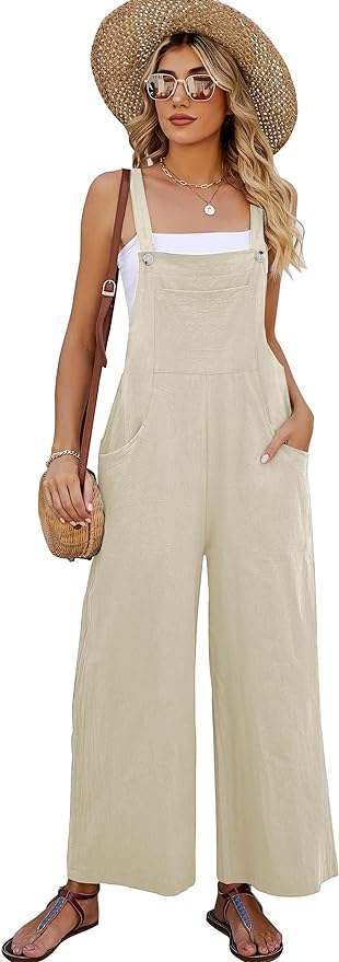 COZYPOIN Women's Cotton Bib Overalls Wide Leg Loose Fit Jumpsuit Baggy Fashion Sleeveless Rompers