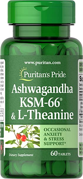 Ashwangandha KSM66 & L-Theanine, Helps Relieve occassional Stress and Anxiety, 60 Count by Puritan's Pride, White