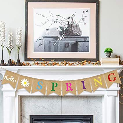 Hello Spring Banner Burlap - Rustic Spring Banner Garland - Spring Decorations - Indoor Outdoor Mantel Fireplace Hanging Decor