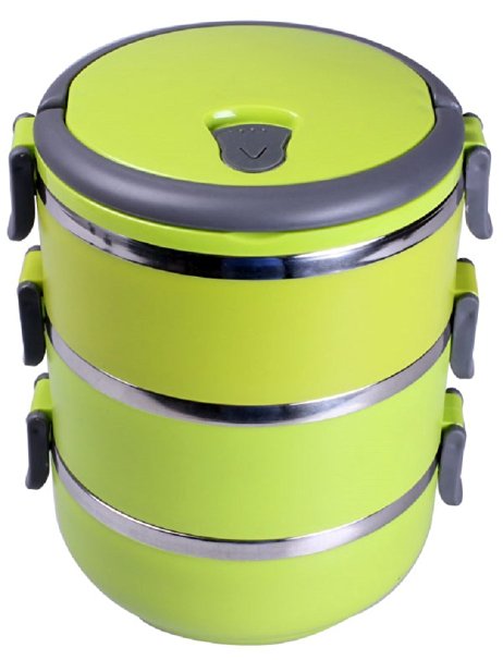 KnGLuv Stainless Steel Food Storage Container - Food Saver with 3 Stackable Round Bowls And Lid With Carry Handle In Lime Green