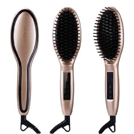Holigoo Hair Iron Brush, Metal Ceramic Heating for Silky Frizz-free Hair, Instant Heat Up to 450℉/230℃, Adjustable Temperature, Auto Lock, 30-min Timer, Anti-Scald (Gloden)