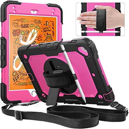 iPad Mini 5 Case,iPad Mini 4 Case [ONLY FIT Mini 5/4],Shockproof, 360 Degree Rotation Kickstand,Pencil Holder Hand Strap,Shoulder Strip,Built-in Screen Protector Case for iPad Mini 4/5 (Pink Black)