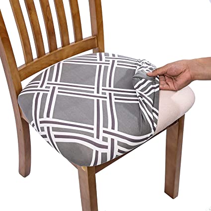 Comqualife Stretch Printed Dining Chair Seat Covers, Removable Washable Anti-Dust Upholstered Chair Seat Cover for Dining Room, Kitchen, Office (Set of 6, Grey Geometric)