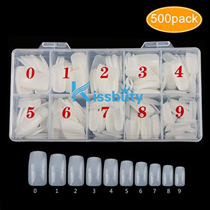 Kissbuty 500 PCS Natural Full Cover White Color False Acrylic Nail Art Tips 10 Sizes With Box Perfect Length for Nail Salons and DIY Nail Art at Home (Natural Full Cover)