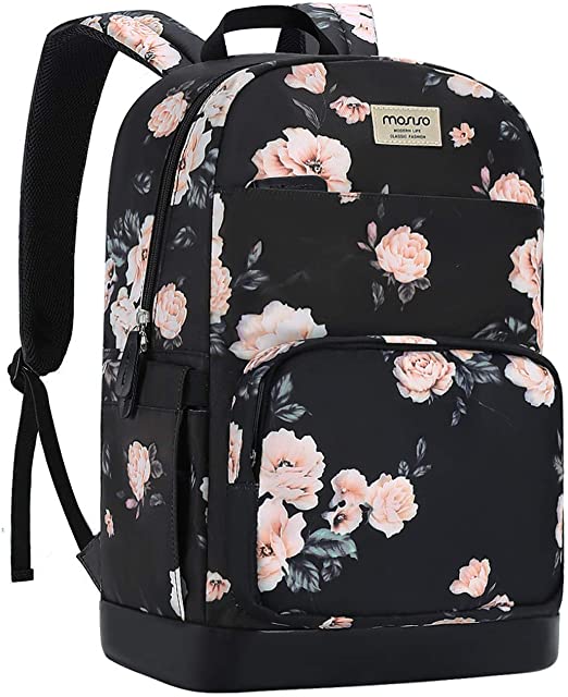 MOSISO 15.6-16 inch Laptop Backpack, Water Repellent Anti-Theft Stylish Casual Daypack Bag with Luggage Strap & USB Charging Port, Travel Business College School Bookbag for Women Girls, Apricot Peony