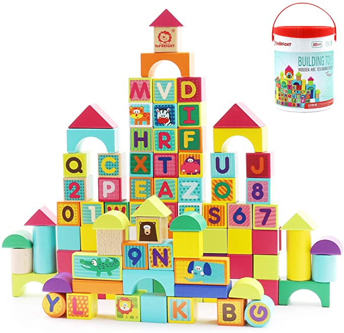 Wooden Building Blocks for Toddlers 1-3,Alphabet Blocks 100 Piece Set