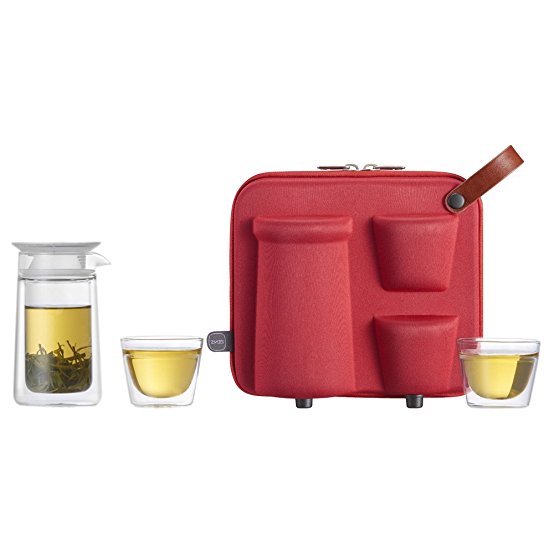 ZENS Portable Travel Double Wall Glass Tea Set for 2, 100% Glass Teapot with Built in Infuser, 2 Clear Insulated Glass Cups, Red EVA Bag for Travel and Outdoor Picnic