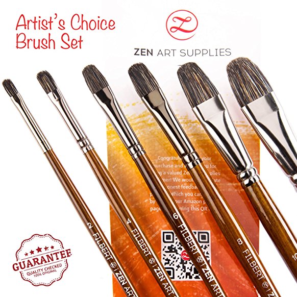Professional Artist Filbert Brushes for Oil & Heavy-body Acrylics - Long-lasting Natural Badger & Synthetic Blend - Lacquered Birchwood Long Handles - 6-pcs Set, Artist’s Choice Collection by ZenArt
