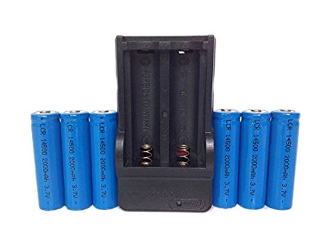 LCR 14500 battery，6Pcs 2000mah 14500 3.7V AA Rechargeable Li-ion Battery with Charger