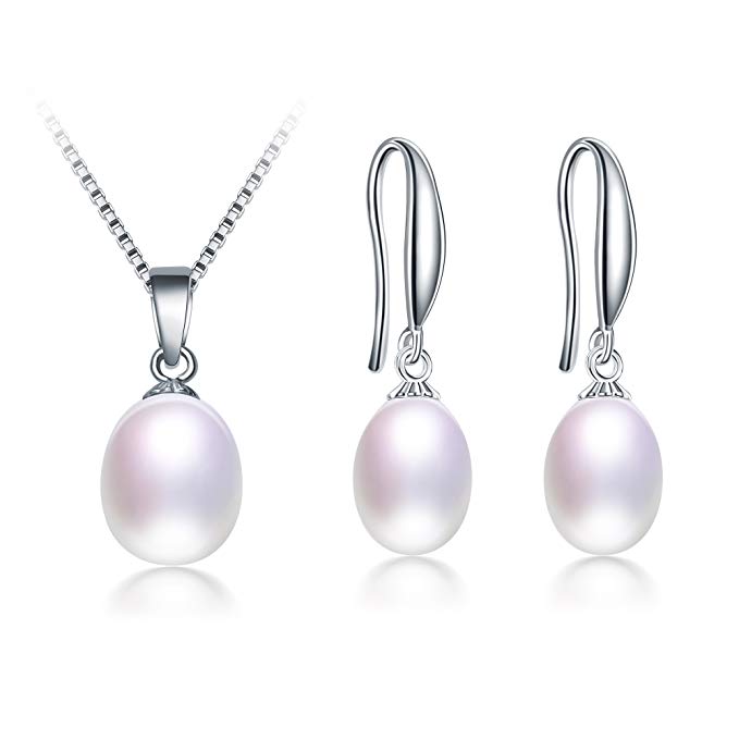 Freshwater Cultured Genuine Pearls Jewelry Set with Necklace & Drop Earrings by DIAMOVI - Top Quality 925 Sterling Silver - Stunning Wedding Bridal Jewelry - Luxury Fashion Style - White