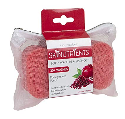 Spongeables Skinutrients Body Wash in a Sponge, Pomegranate Punch, With Bonus Travel Bag, 20  Washes, Pack of 3