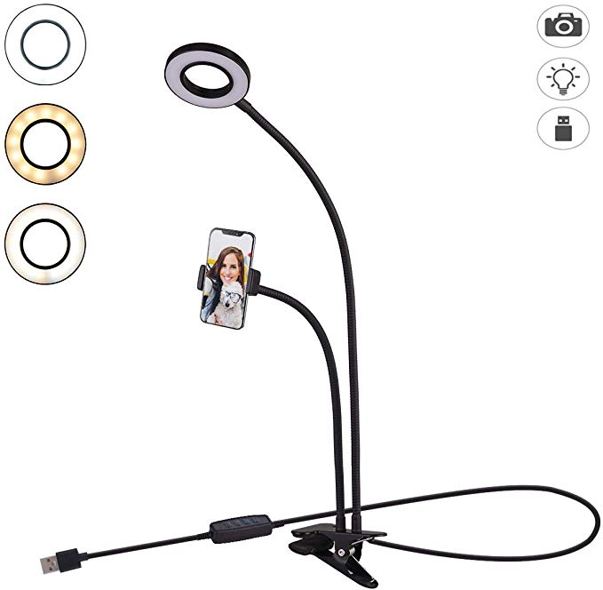 Tranesca Selfie Ring Light with Cell Phone Holder Stand for Live Stream/Makeup, LED Camera Lighting [3-Light Mode] with Flexible Arms Compatible with iPhone 8 7 6 Plus X Android (Black)