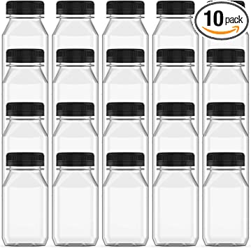 10 Pcs 5 Ounce Plastic Juice Bottle Drink Containers Juicing Bottles with Black Lids, Suitable for Juice, Smoothies, Milk and Homemade Beverages