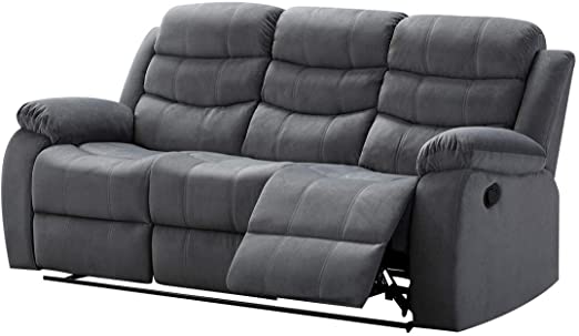 AC Pacific Contemporary Living Room Upholstered, Sofa with, 2 Recliners, Grey