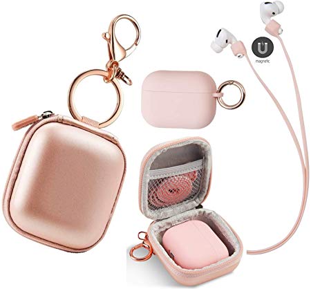 4 in 1 Airpods Case Keychain, Airpods Pro Case Pink with Keychain, Premium PU Leather Hard case, Portable Protective Cover Carrying Case with Metal Clasp and Keychain for Apple AirPods Pro Earphones