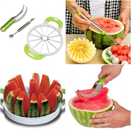 TRIPLE PACK- #1 Ultimate Melon Cutter TRIPLE Set- Watermelon Slicer Knife, Cantaloupe Melon Cutter & Melon Baller For cutting all types of melons with EASE- NON-slip grip handle & STAINLESS STEEL