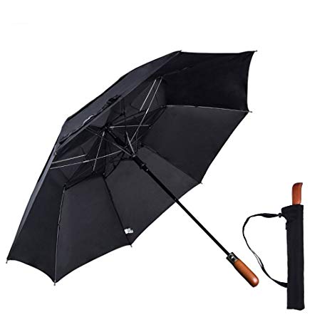 Mirviory Folding Golf Oversized Umbrella,Real Wood Handle Double Canopy Vented Design Auto Open Compact Travel Umbrellas for Men