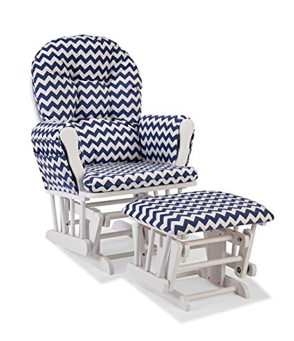 Storkcraft Custom Hoop Glider and Ottoman, White/Navy Chevron