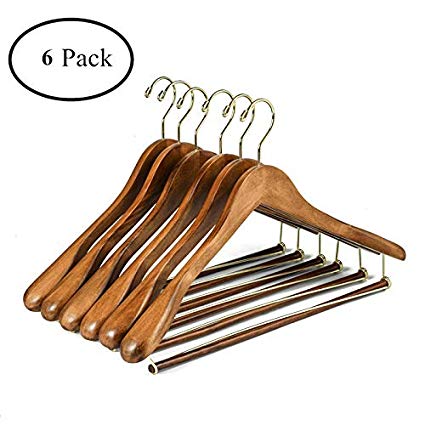 Amber Home Deluxe Curved Solid Wood Coat Hanger, Suit Hanger, Jacket Hanger with Anti-Rust Gold Hook with Sturdy Locking Bar, Smooth Finish, Small-Wide Shoulder,6 Pack (Matt Antique Brown)