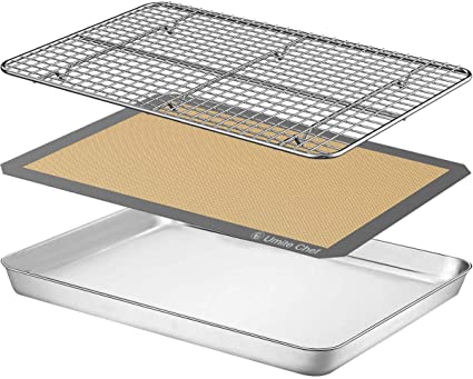 Baking Sheet with Silicone Mat, Umite Chef 16 x 12 x 1 inch Cookie Sheet Baking Pan, Non Toxic Silicone Baking Mat & Stainless Steel Cooling Rack Heavy Duty & Easy Clean