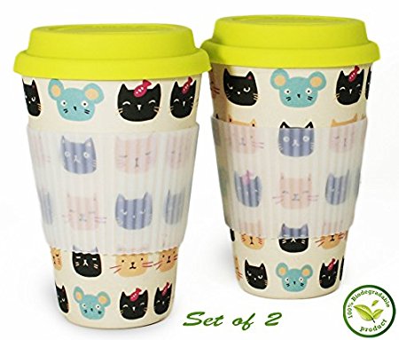 Set Of 2 Eco Reusable Travel Coffee Cups To Go 15.2 Oz (450 Ml). To Go Coffee Cups With Lids, Tea Cups, BPA Free, Non Slip Grip. Made Of Natural Bamboo Fibre/Fiber