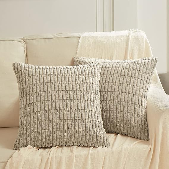 Fancy Homi 2 Packs Taupe Decorative Throw Pillow Covers 16x16 Inch for Living Room Couch Bed Sofa, Rustic Farmhouse Boho Home Decor, Soft Striped Corduroy Square Cushion Case 40x40 cm