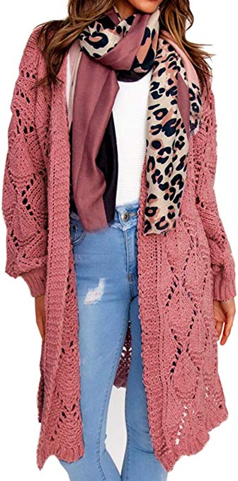 Angashion Women's Winter Chunky Cable Knit Hollow Out Long Cardigan Sweater Outwear Coat