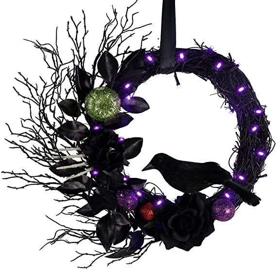 Twinkle Star Halloween Lighted Wreath, Pre-lit Black Wreaths with Rose and Feathered Crow Light Up 20 LED Purple Lights, Natural Vines with Artificial Leaves, Front Door Wall Halloween Decorations