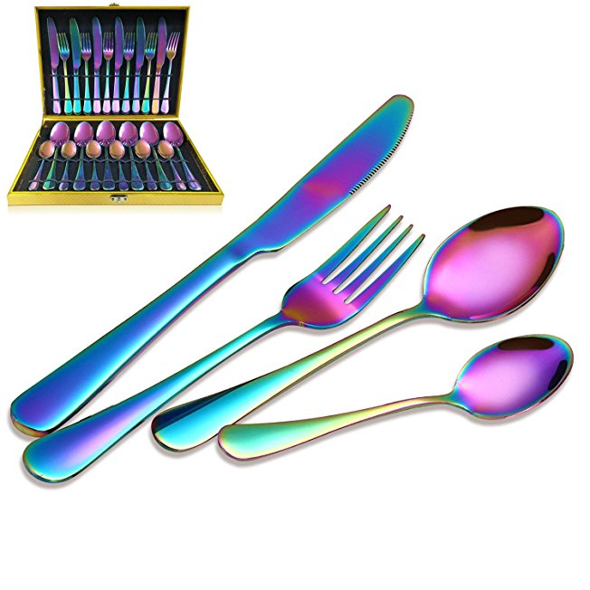 Flatware Set, Magicpro Modern Royal 24-Pieces rainbow gold Stainless Steel Flatware for Wedding Festival Christmas Party, Service For 6