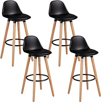 COSTWAY Bar Stools Set of 4, Modern Armless Kitchen Stool with Soft PU Leather Seat, Bar Height Stool with Round Metal Footrest & Comfortable Curved Backrest for Home, Dining Hall (Black, 4)