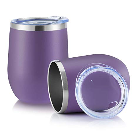 DOMICARE Insulated Wine Tumbler with Lid (2 Pack, Purple) - 12 OZ Stemless Double Wall Vacuum Traval Mug - Keeping Cold & Hot for Wine, Coffee, Cocktails, Drinks